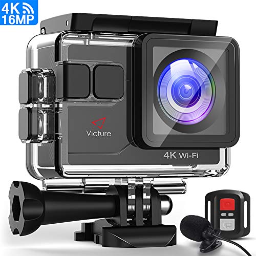 Cámara Deportiva 4K WiFi 16MP Cámara de Accion Acuatica de 40M con Control Remoto y Micrófono Externo, Funciones EIS Anti-vibración y Slow Motion, Dos Baterías y Múltiples Accesorios Kit